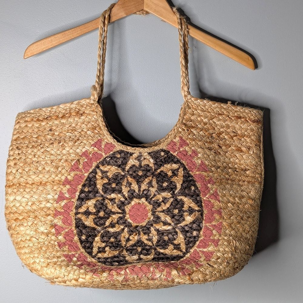100% Natural Jute Geometric Print Unlined Large Beach Bag Shoulder Tote New